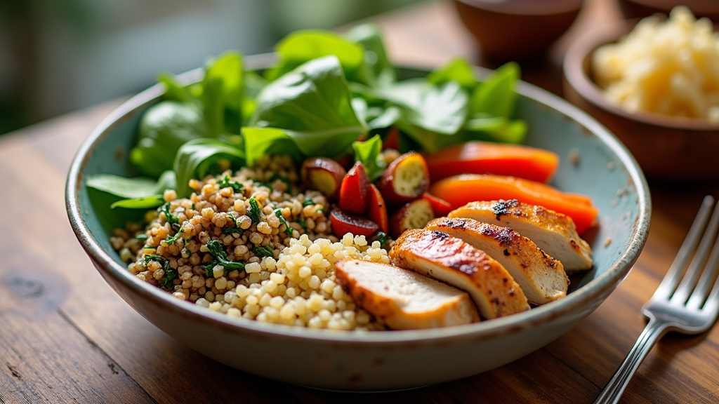 A colorful bowl of healthy ingredients including grilled chicken, roasted veggies, and fresh greens.