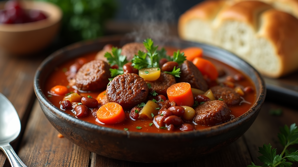 Hearty Hamburger Stew in a bowl on a rustic wood table